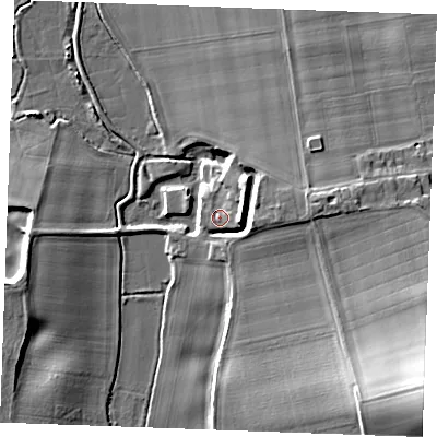 Shaded relief map of the ground around ME38DT, computed from Environment Agency LiDAR. The ground here sits at about 7 m above sea level and falls 23 m across the surrounding 800 m. Surface water reaching this point runs off ground lying to the east, 7.3 m higher.