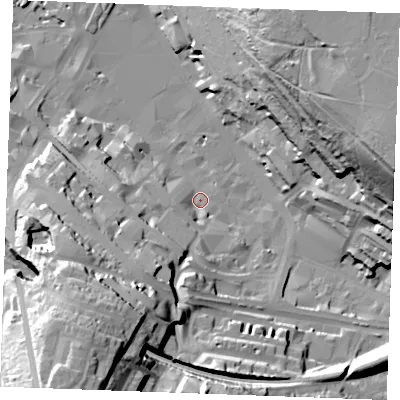 Shaded relief map of the ground around ME44AN, computed from Environment Agency LiDAR. The ground here sits at about 6 m above sea level and falls 59 m across the surrounding 800 m. Surface water reaching this point runs off ground lying to the south-south-west, 13.1 m higher.