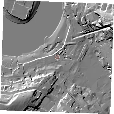 Shaded relief map of the ground around ME44AQ, computed from Environment Agency LiDAR. The ground here sits at about 4 m above sea level and falls 54 m across the surrounding 800 m. Surface water reaching this point runs off ground lying to the south-west, 33.4 m higher.