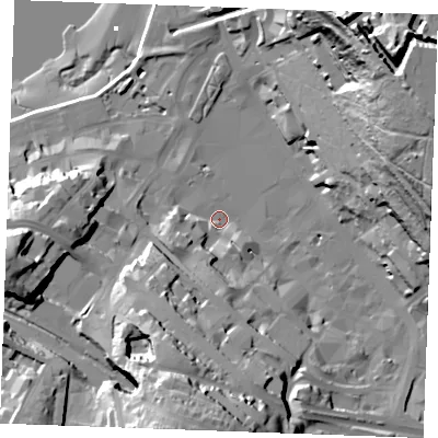 Shaded relief map of the ground around ME44AS, computed from Environment Agency LiDAR. The ground here sits at about 5 m above sea level and falls 69 m across the surrounding 800 m. Surface water reaching this point runs off ground lying to the north-east, 58.4 m higher.