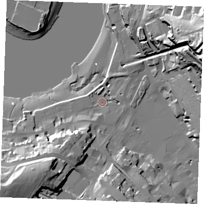 Shaded relief map of the ground around ME44AT, computed from Environment Agency LiDAR. The ground here sits at about 4 m above sea level and falls 62 m across the surrounding 800 m. Surface water reaching this point runs off ground lying to the south-west, 33.4 m higher.