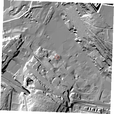 Shaded relief map of the ground around ME44AY, computed from Environment Agency LiDAR. The ground here sits at about 9 m above sea level and falls 69 m across the surrounding 800 m. Surface water reaching this point runs off ground lying to the east-north-east, 58.0 m higher.