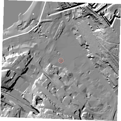 Shaded relief map of the ground around ME44BA, computed from Environment Agency LiDAR. The ground here sits at about 5 m above sea level and falls 69 m across the surrounding 800 m. Surface water reaching this point runs off ground lying to the east-north-east, 58.4 m higher.