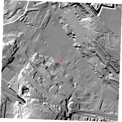 Shaded relief map of the ground around ME44BG, computed from Environment Agency LiDAR. The ground here sits at about 4 m above sea level and falls 69 m across the surrounding 800 m. Surface water reaching this point runs off ground lying to the east-north-east, 58.0 m higher.