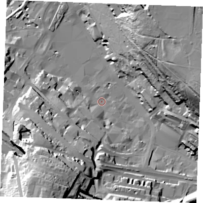 Shaded relief map of the ground around ME44BQ, computed from Environment Agency LiDAR. The ground here sits at about 5 m above sea level and falls 62 m across the surrounding 800 m. Surface water reaching this point runs off ground lying to the east-north-east, 56.6 m higher.