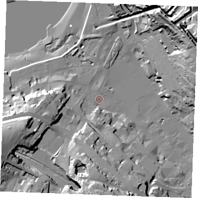 Shaded relief map of the ground around ME44DB, computed from Environment Agency LiDAR. The ground here sits at about 5 m above sea level and falls 69 m across the surrounding 800 m. Surface water reaching this point runs off ground lying to the south, 27.1 m higher.