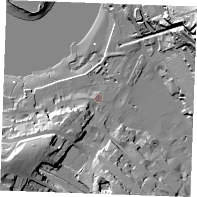 Shaded relief map of the ground around ME44DH, computed from Environment Agency LiDAR. The ground here sits at about 6 m above sea level and falls 61 m across the surrounding 800 m. Surface water reaching this point runs off ground lying to the south-west, 16.5 m higher.