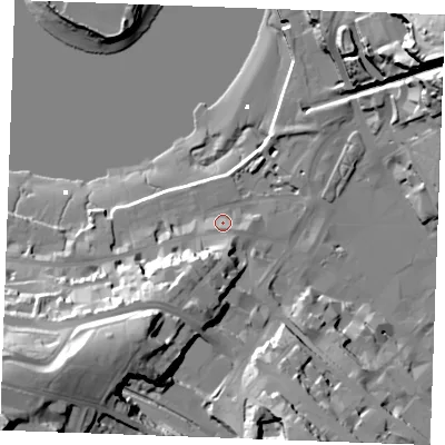 Shaded relief map of the ground around ME44DL, computed from Environment Agency LiDAR. The ground here sits at about 6 m above sea level and falls 56 m across the surrounding 800 m. Surface water reaching this point runs off ground lying to the south-west, 14.3 m higher.