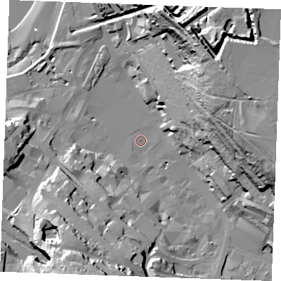 Shaded relief map of the ground around ME44DP, computed from Environment Agency LiDAR. The ground here sits at about 4 m above sea level and falls 69 m across the surrounding 800 m. Surface water reaching this point runs off ground lying to the north-east, 58.4 m higher.