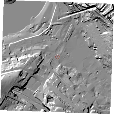 Shaded relief map of the ground around ME44DQ, computed from Environment Agency LiDAR. The ground here sits at about 5 m above sea level and falls 65 m across the surrounding 800 m. Surface water reaching this point runs off ground lying to the south, 34.6 m higher.