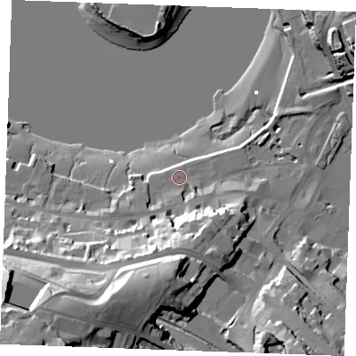 Shaded relief map of the ground around ME44DW, computed from Environment Agency LiDAR. The ground here sits at about 5 m above sea level and falls 56 m across the surrounding 800 m. Surface water reaching this point runs off ground lying to the south, 17.7 m higher.