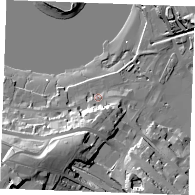 Shaded relief map of the ground around ME44EE, computed from Environment Agency LiDAR. The ground here sits at about 7 m above sea level and falls 56 m across the surrounding 800 m. Surface water reaching this point runs off ground lying to the south-south-west, 17.4 m higher.