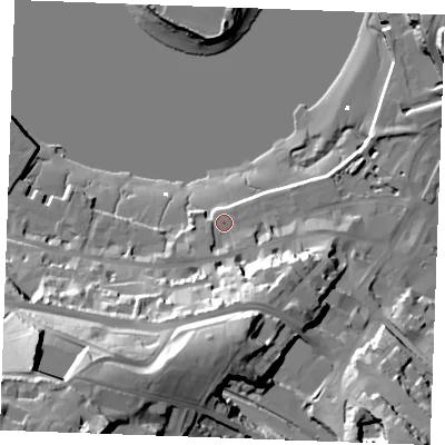 Shaded relief map of the ground around ME44EN, computed from Environment Agency LiDAR. The ground here sits at about 5 m above sea level and falls 56 m across the surrounding 800 m. Surface water reaching this point runs off ground lying to the south-south-east, 19.9 m higher.