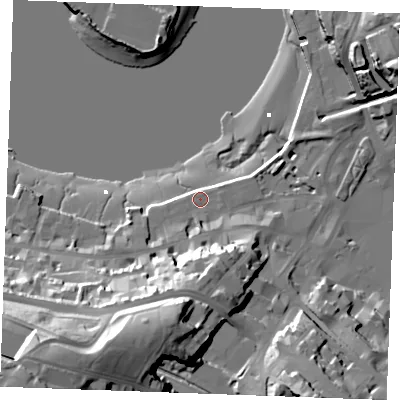 Shaded relief map of the ground around ME44ET, computed from Environment Agency LiDAR. The ground here sits at about 5 m above sea level and falls 54 m across the surrounding 800 m. Surface water reaching this point runs off ground lying to the south, 17.9 m higher.