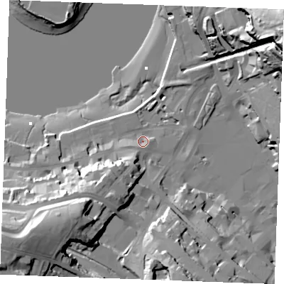 Shaded relief map of the ground around ME44HA, computed from Environment Agency LiDAR. The ground here sits at about 5 m above sea level and falls 54 m across the surrounding 800 m. Surface water reaching this point runs off ground lying to the south-west, 3.8 m higher.