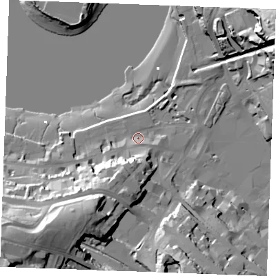Shaded relief map of the ground around ME44HB, computed from Environment Agency LiDAR. The ground here sits at about 5 m above sea level and falls 56 m across the surrounding 800 m. Surface water reaching this point runs off ground lying to the south-west, 2.7 m higher.