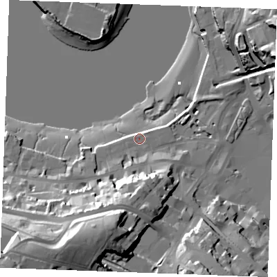 Shaded relief map of the ground around ME44HF, computed from Environment Agency LiDAR. The ground here sits at about 5 m above sea level and falls 53 m across the surrounding 800 m. Surface water reaching this point runs off ground lying to the south, 17.7 m higher.