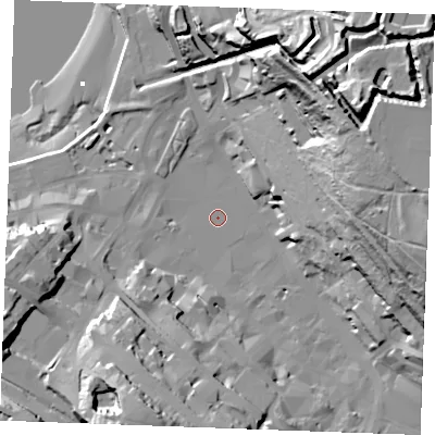Shaded relief map of the ground around ME44HP, computed from Environment Agency LiDAR. The ground here sits at about 4 m above sea level and falls 69 m across the surrounding 800 m. Surface water reaching this point runs off ground lying to the east-north-east, 58.4 m higher.