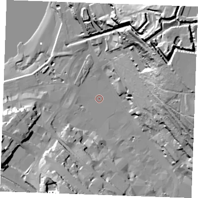 Shaded relief map of the ground around ME44HW, computed from Environment Agency LiDAR. The ground here sits at about 4 m above sea level and falls 69 m across the surrounding 800 m. Surface water reaching this point runs off ground lying to the east-north-east, 58.4 m higher.