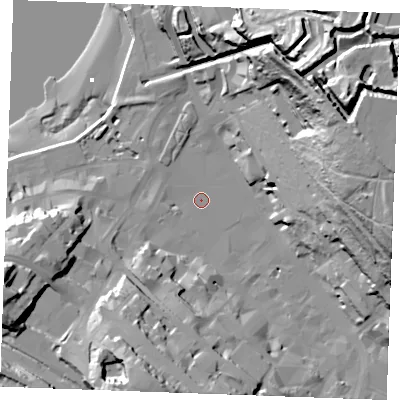 Shaded relief map of the ground around ME44HY, computed from Environment Agency LiDAR. The ground here sits at about 4 m above sea level and falls 69 m across the surrounding 800 m. Surface water reaching this point runs off ground lying to the east-north-east, 58.4 m higher.