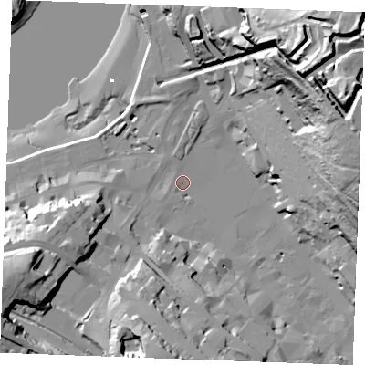 Shaded relief map of the ground around ME44JA, computed from Environment Agency LiDAR. The ground here sits at about 4 m above sea level and falls 69 m across the surrounding 800 m. Surface water reaching this point runs off ground lying to the east-north-east, 63.5 m higher.