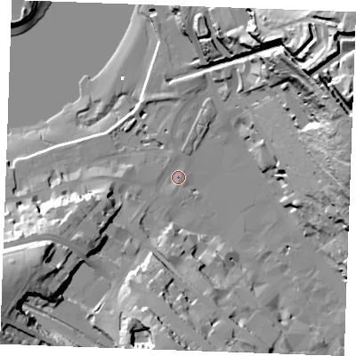 Shaded relief map of the ground around ME44JG, computed from Environment Agency LiDAR. The ground here sits at about 5 m above sea level and falls 69 m across the surrounding 800 m. Surface water reaching this point runs off ground lying to the east-north-east, 63.5 m higher.