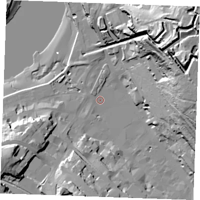 Shaded relief map of the ground around ME44JX, computed from Environment Agency LiDAR. The ground here sits at about 4 m above sea level and falls 69 m across the surrounding 800 m. Surface water reaching this point runs off ground lying to the east-north-east, 63.5 m higher.