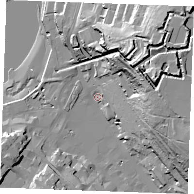 Shaded relief map of the ground around ME44LA, computed from Environment Agency LiDAR. The ground here sits at about 5 m above sea level and falls 69 m across the surrounding 800 m. Surface water reaching this point runs off ground lying to the east-north-east, 63.5 m higher.