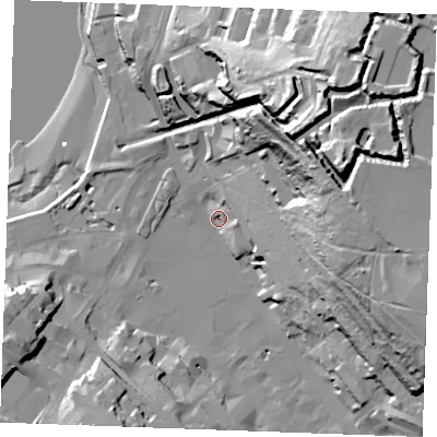 Shaded relief map of the ground around ME44LD, computed from Environment Agency LiDAR. The ground here sits at about 5 m above sea level and falls 69 m across the surrounding 800 m. Surface water reaching this point runs off ground lying to the east-north-east, 63.5 m higher.