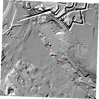 Shaded relief map of the ground around ME44LQ, computed from Environment Agency LiDAR. The ground here sits at about 5 m above sea level and falls 69 m across the surrounding 800 m. Surface water reaching this point runs off ground lying to the east-south-east, 58.5 m higher.