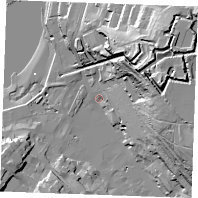 Shaded relief map of the ground around ME44SF, computed from Environment Agency LiDAR. The ground here sits at about 5 m above sea level and falls 69 m across the surrounding 800 m. Surface water reaching this point runs off ground lying to the east-north-east, 63.5 m higher.