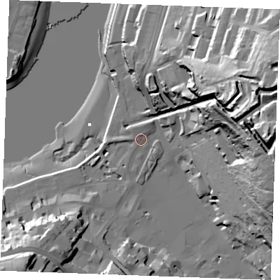 Shaded relief map of the ground around ME44SL, computed from Environment Agency LiDAR. The ground here sits at about 6 m above sea level and falls 69 m across the surrounding 800 m. Surface water reaching this point runs off ground lying to the north-north-east, 3.3 m higher.