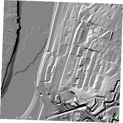 Shaded relief map of the ground around ME44SU, computed from Environment Agency LiDAR. The ground here sits at about 15 m above sea level and falls 67 m across the surrounding 800 m. Surface water reaching this point runs off ground lying to the south-east, 47.4 m higher.