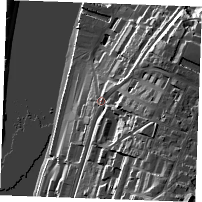 Shaded relief map of the ground around ME44SX, computed from Environment Agency LiDAR. The ground here sits at about 19 m above sea level and falls 61 m across the surrounding 800 m. Surface water reaching this point runs off ground lying to the south-east, 38.3 m higher.