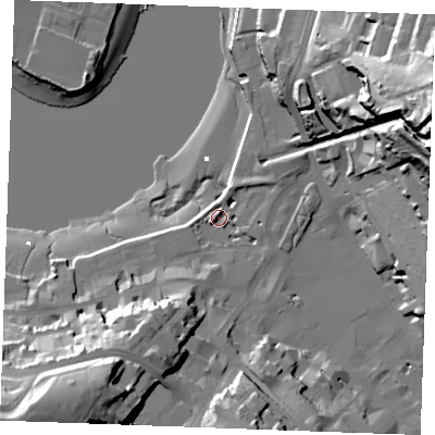 Shaded relief map of the ground around ME44TD, computed from Environment Agency LiDAR. The ground here sits at about 5 m above sea level and falls 61 m across the surrounding 800 m. Surface water reaching this point runs off ground lying to the south-west, 21.0 m higher.