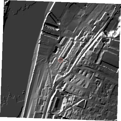 Shaded relief map of the ground around ME44TE, computed from Environment Agency LiDAR. The ground here sits at about 12 m above sea level and falls 50 m across the surrounding 800 m. Surface water reaching this point runs off ground lying to the east, 29.0 m higher.