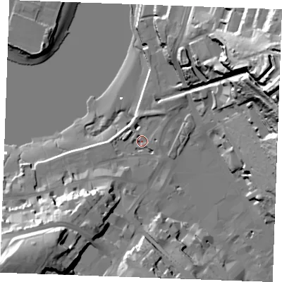 Shaded relief map of the ground around ME44TH, computed from Environment Agency LiDAR. The ground here sits at about 4 m above sea level and falls 63 m across the surrounding 800 m. Surface water reaching this point runs off ground lying to the south-west, 19.6 m higher.