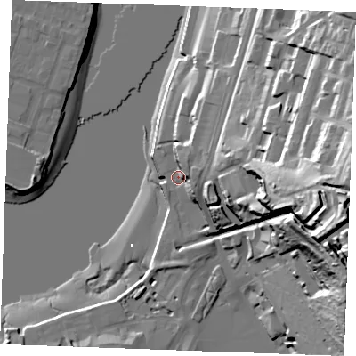 Shaded relief map of the ground around ME44TX, computed from Environment Agency LiDAR. The ground here sits at about 5 m above sea level and falls 65 m across the surrounding 800 m. Surface water reaching this point runs off ground lying to the north-east, 12.7 m higher.