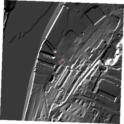 Shaded relief map of the ground around ME44TZ, computed from Environment Agency LiDAR. The ground here sits at about 6 m above sea level and falls 44 m across the surrounding 800 m. Surface water reaching this point runs off ground lying to the south-south-east, 17.4 m higher.