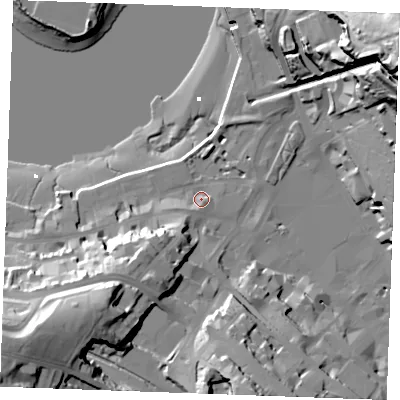 Shaded relief map of the ground around ME44WA, computed from Environment Agency LiDAR. The ground here sits at about 6 m above sea level and falls 54 m across the surrounding 800 m. Surface water reaching this point runs off ground lying to the west-south-west, 3.8 m higher.