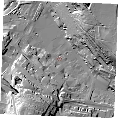 Shaded relief map of the ground around ME44YJ, computed from Environment Agency LiDAR. The ground here sits at about 4 m above sea level and falls 67 m across the surrounding 800 m. Surface water reaching this point runs off ground lying to the east-north-east, 58.2 m higher.