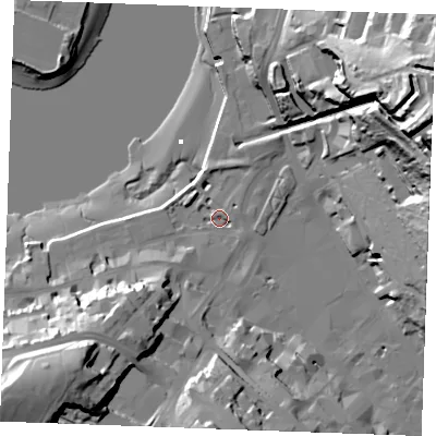 Shaded relief map of the ground around ME44ZT, computed from Environment Agency LiDAR. The ground here sits at about 4 m above sea level and falls 63 m across the surrounding 800 m. Surface water reaching this point runs off ground lying to the south-west, 32.1 m higher.