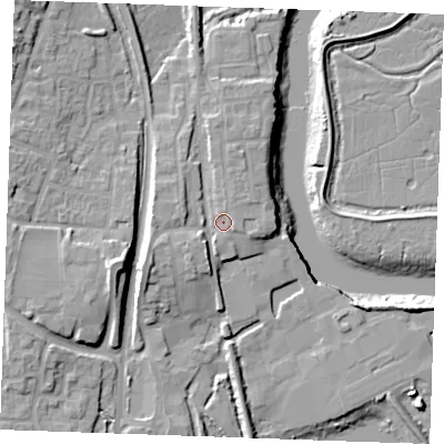 Shaded relief map of the ground around ME65AT, computed from Environment Agency LiDAR. The ground here sits at about 7 m above sea level and falls 14 m across the surrounding 800 m. Surface water reaching this point runs off ground lying to the west-south-west, 3.3 m higher.