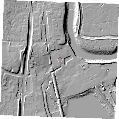 Shaded relief map of the ground around ME65AX, computed from Environment Agency LiDAR. The ground here sits at about 5 m above sea level and falls 13 m across the surrounding 800 m. Surface water reaching this point runs off ground lying to the north, 0.8 m higher.