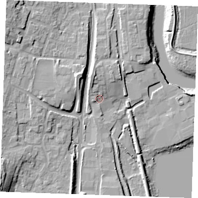 Shaded relief map of the ground around ME65BA, computed from Environment Agency LiDAR. The ground here sits at about 5 m above sea level and falls 17 m across the surrounding 800 m. Surface water reaching this point runs off ground lying to the north, 4.3 m higher.