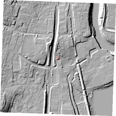 Shaded relief map of the ground around ME65BB, computed from Environment Agency LiDAR. The ground here sits at about 6 m above sea level and falls 18 m across the surrounding 800 m. Surface water reaching this point runs off ground lying to the north, 5.3 m higher.