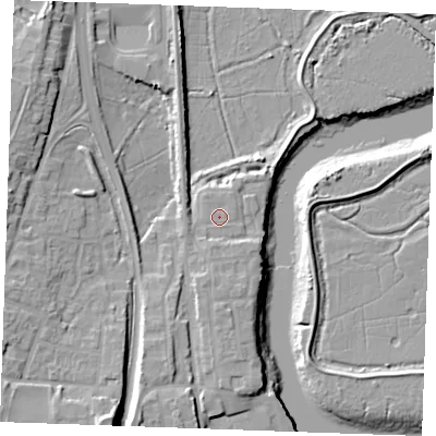 Shaded relief map of the ground around ME65FB, computed from Environment Agency LiDAR. The ground here sits at about 6 m above sea level and falls 15 m across the surrounding 800 m. Surface water reaching this point runs off ground lying to the north-north-west, 0.5 m higher.