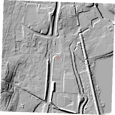 Shaded relief map of the ground around ME65GP, computed from Environment Agency LiDAR. The ground here sits at about 5 m above sea level and falls 19 m across the surrounding 800 m. Surface water reaching this point runs off ground lying to the south, 6.6 m higher.