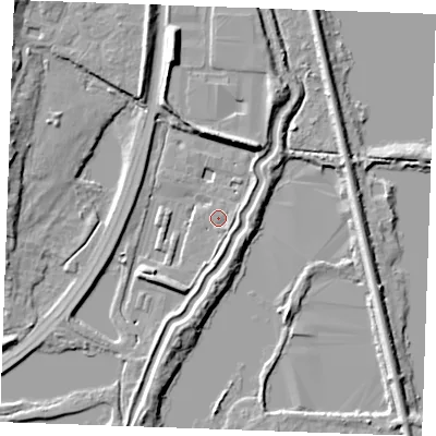 Shaded relief map of the ground around ME65JX, computed from Environment Agency LiDAR. The ground here sits at about 3 m above sea level and falls 10 m across the surrounding 800 m. Surface water reaching this point runs off ground lying to the north-north-east, 8.0 m higher.