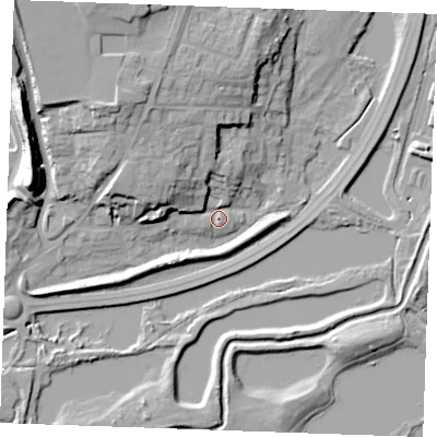 Shaded relief map of the ground around ME65JY, computed from Environment Agency LiDAR. The ground here sits at about 5 m above sea level and falls 20 m across the surrounding 800 m. Surface water reaching this point runs off ground lying to the north-north-west, 12.3 m higher.